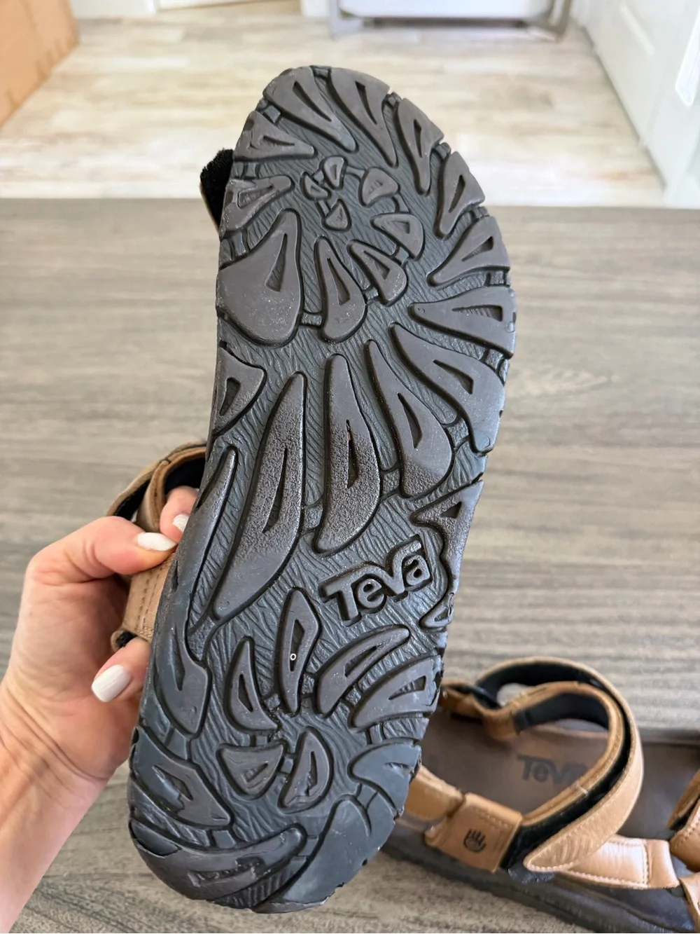 Teva Men's Tan Leather Strap Sandals with Black Sole
